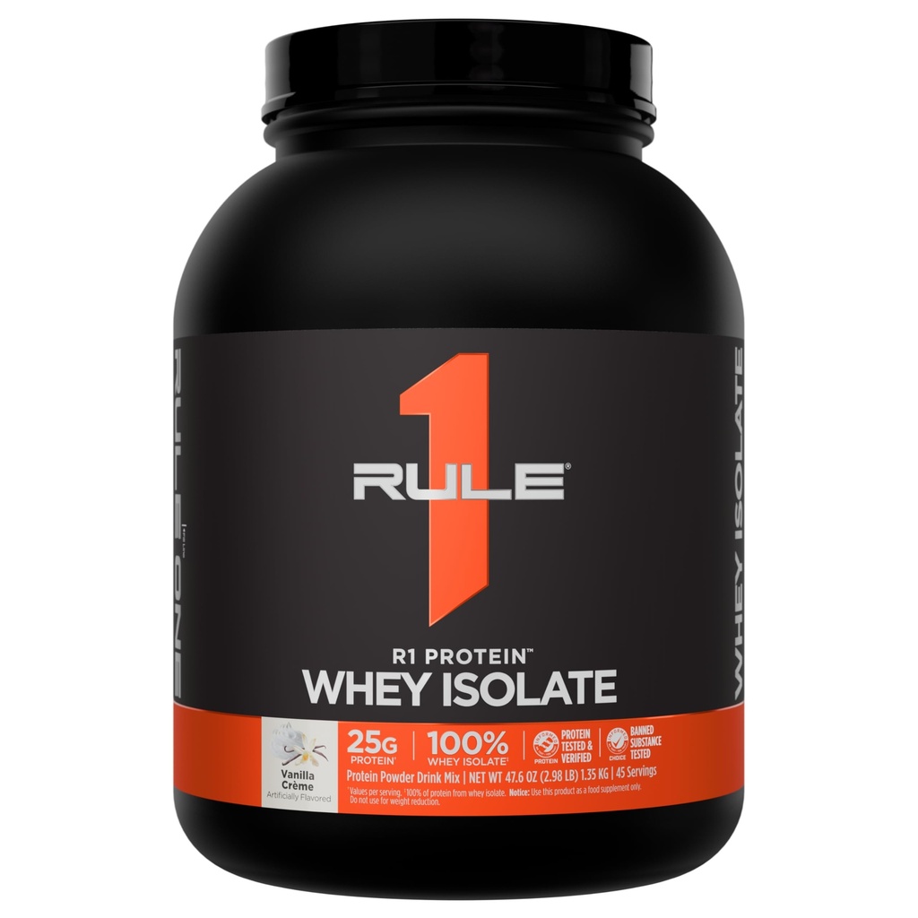 Rule 1 Proteins R1Protein Whey Isolate, Vanilla Créme, 45 Servings | 25g of Protein from Whey Isolates and Hydrolysate isolates for Workout Recovery and anytime use