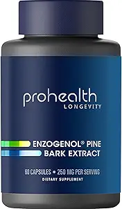 ProHealth Enzogenol Pine Bark Extract 250 mg par 2 Capsule Serving, 60 Capsules de Nouvelle-Zélande pour les personnes de plus de 40 ans pour promouvoir la santé cérébrale et cardiaque, la récupération d'exercice, protéger les articulations contre les dommages