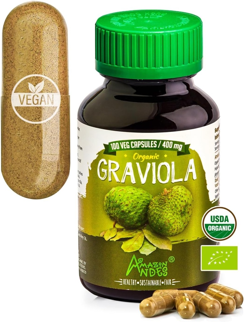 Gélules de Graviola Andes - Riche en vitamine C et fibre - Stimulateur du système immunitaire - Fonction cellulaire saine - Vegan, non OGM, sans gluten, certifié Fairtrade - 100 pilules Sourop (400mg)