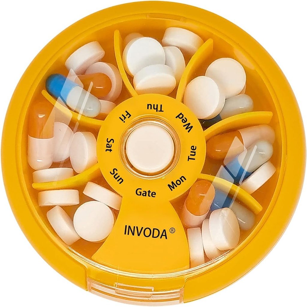 INVODA Weekly Pill Organizer 7 Compartiment Pill Box rotative pour les médicaments quotidiens et les vitamines - Portable Travel Pill Case Suppléments d'huile de poisson Organisateur de vitamines (Orange)