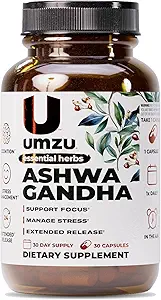 UMZU Ashwagandha Supplément de support avancé de stress et de cortisol, Mémoire, Focus, Cognition, Sortie prolongée 24 heures (30 jours d'approvisionnement)
