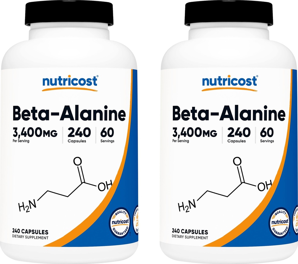 Nutricost Beta-Alanine Capsules 3400mg, 240 Caps (2 Pack) - Potent Beta Alanine, Gluten Free & Non-GMO, 850mg Per Cap, 60 Serv Per Bottle | Potent Beta Alanine, Gluten Free & GMO-Free, 850mg Per Cap, 60 Serv Per Bottle