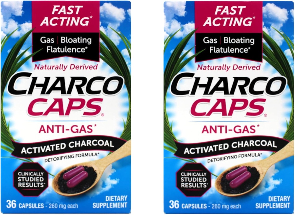 Anti-gaz – Formule de désintoxication du charbon activé à action rapide, dérivée naturellement, soulagement pour gaz, ballonnement et flatulence, 36 capsules, 260 mg chacune (paquet de 2)