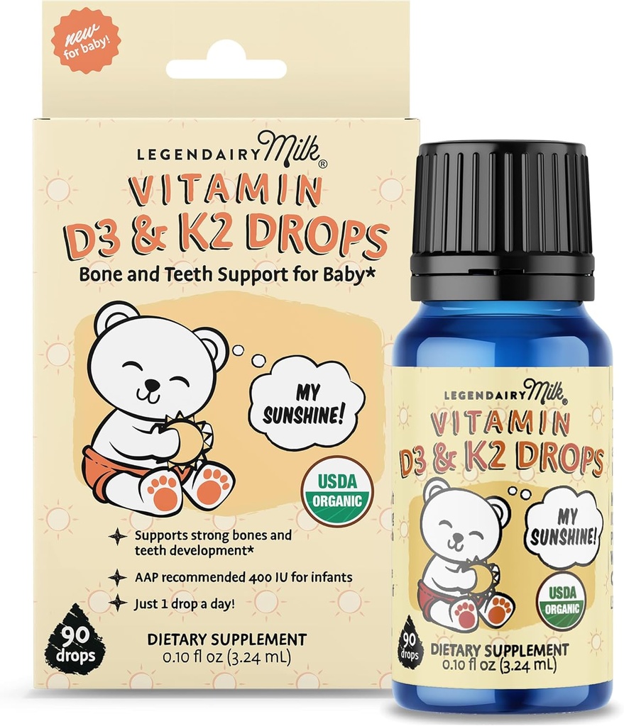 Legendairy Lait Bio Vitamine D3 K2 gouttes liquides, 400 UI de gouttes de vitamine D pour bébés avec gouttes de K2, gouttes de vitamine D pour nouveau-nés, tout-petits et enfants, végétalien, 90 gouttes liquide
