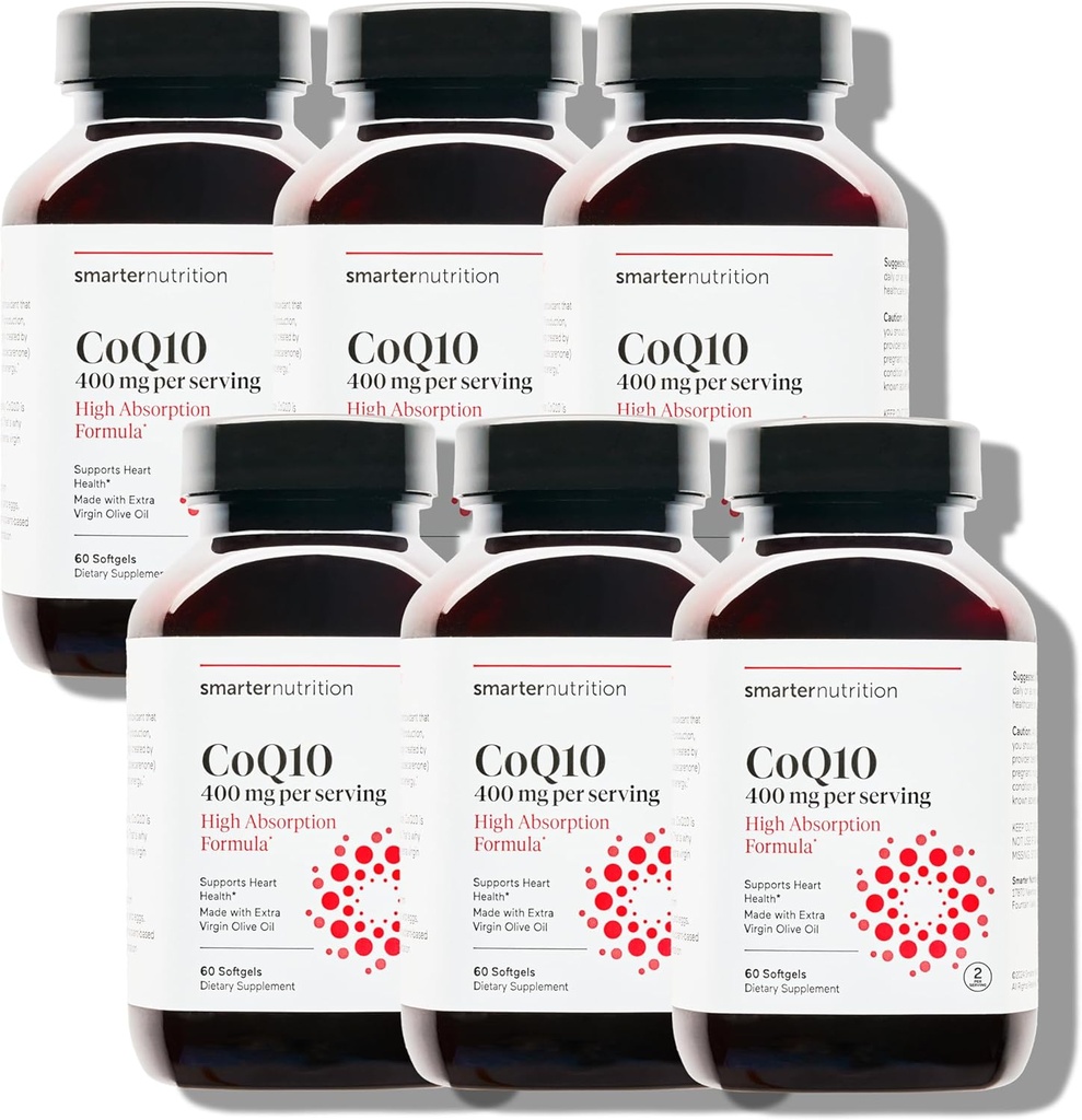 SMARTERNUTRITION CoQ10 400 mg Absorption élevée - Ubiquinone naturellement fermentée avec huile d'olive à pression froide organique - pour la santé cardiaque, l'énergie cellulaire - Non-OGM, sans gluten - Compte 360[180 jours]