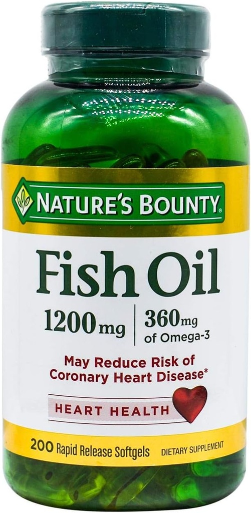 Huile de poisson de la nature, soutient la santé cardiaque, 1200 Mg, Softgels à libération rapide, 200 Ct
