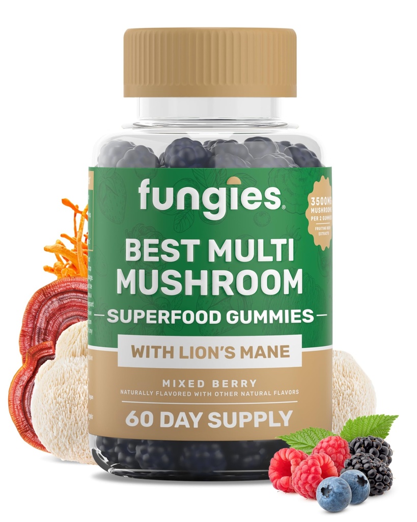 Fungies Multi Mushroom Gummies for Men & Women - Mushroom Supplement Includes Lion’s Mane, Cordyceps, Reishi, Chaga, Shiitake, Maitake & Turkey Tail - Gelatin-Free, Gluten-Free & Vegan Gummy Vitamins