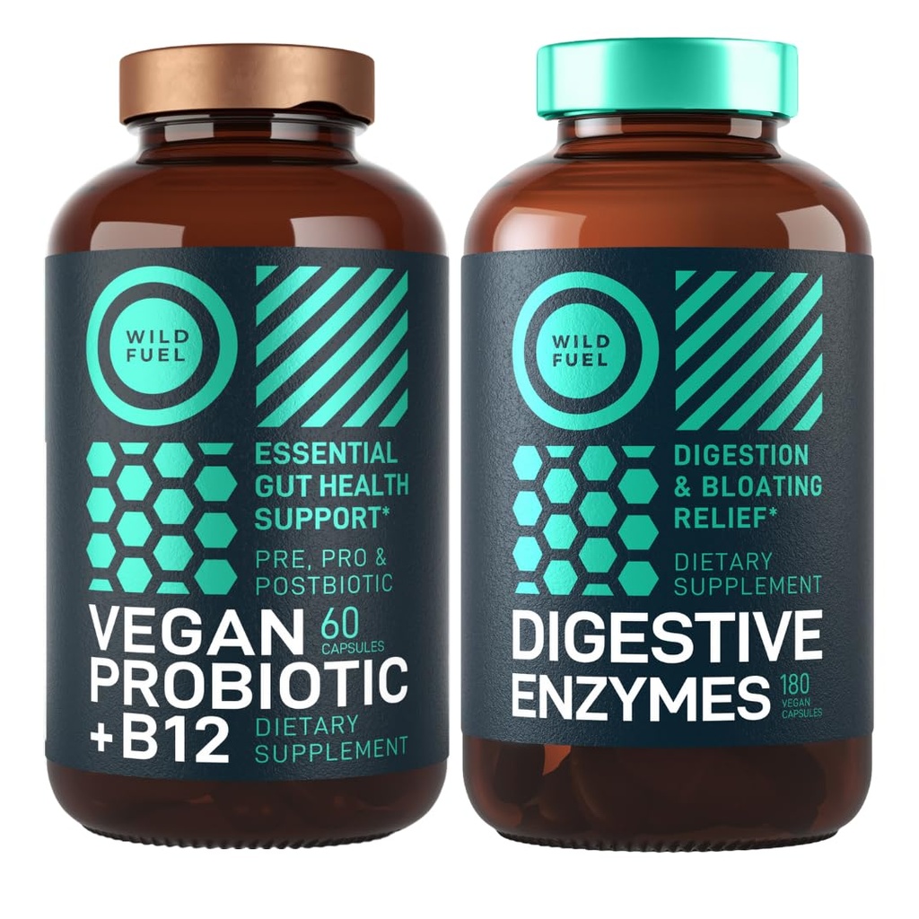 Enzymes digestifs avec probiotiques et prébiotiques et Probiotique végétalien Plus B12 Enzymes digestifs et gustatifs améliorés
