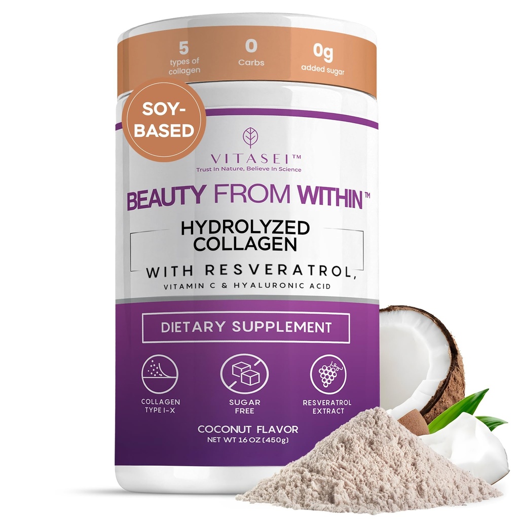 VITASEI Hydrolyzed Collagen Peptides Powder with Resveratrol & Vitamin C – Hair, Skin & Joint Support – Colágeno Hidrolizado for Women & Men – Soy-Based Formula – Coconut Flavor, 16 oz (30 Servings)