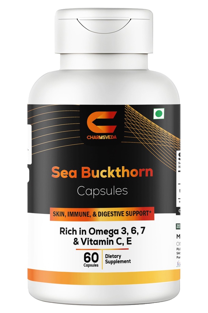 Sea Buckthorn Capsules 1000 mg with Omega 3, 6, 7 | Vitamins C & E | Skin Health, Immune Support & Overall Wellness Suppliments | 60 Vegan Capsules