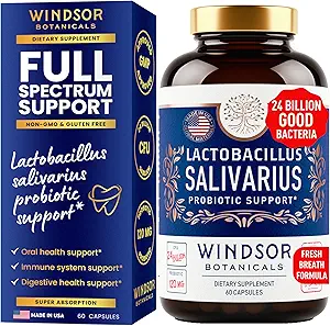 Lactobacillus Salivarius Probiotic - 24 milliards CFU L Salivarius Probiotiques dentaires pour les dents et les gencives - Mauvaise respiration pour les adultes, soutien immunitaire, santé digestive - 60 capsules probiotiques orales