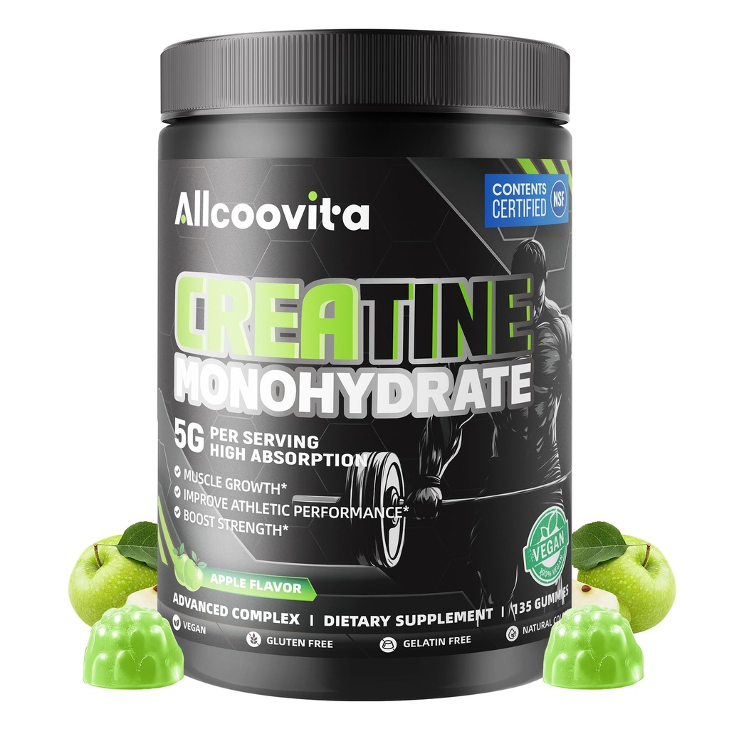 Creatine Monohydrate Gummies, NSF Certified, 5g Dose for Men & Women to Support Muscle, Strength, Recovery, Cognitive Health & Memory, Apple Flavor, 135 Gummies
