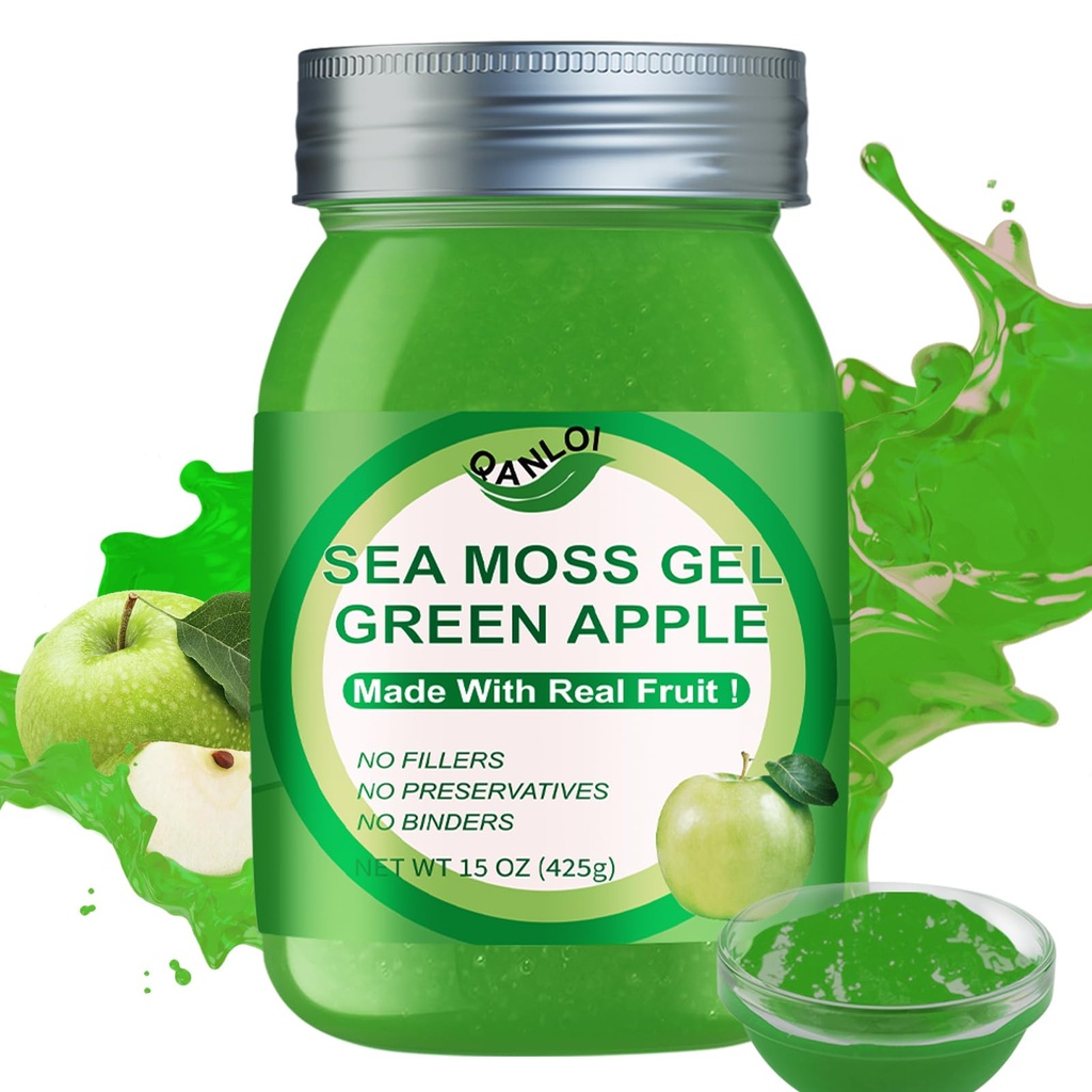 Sea Moss Raw,15OZ Natural Sea Moss Gel with Irish Sea Moss-Immune and Digestive Support Vitamin Mineral Antioxidant Supplements(Green Apple)