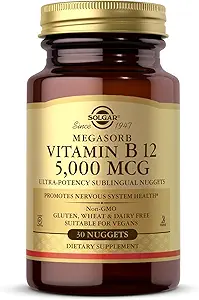 Solgar Megasorb Vitamine B12 5000 mcg - 30 Nuggets - Non-OGM, végétalien, sans gluten, sans produits laitiers, casher - 30 portions