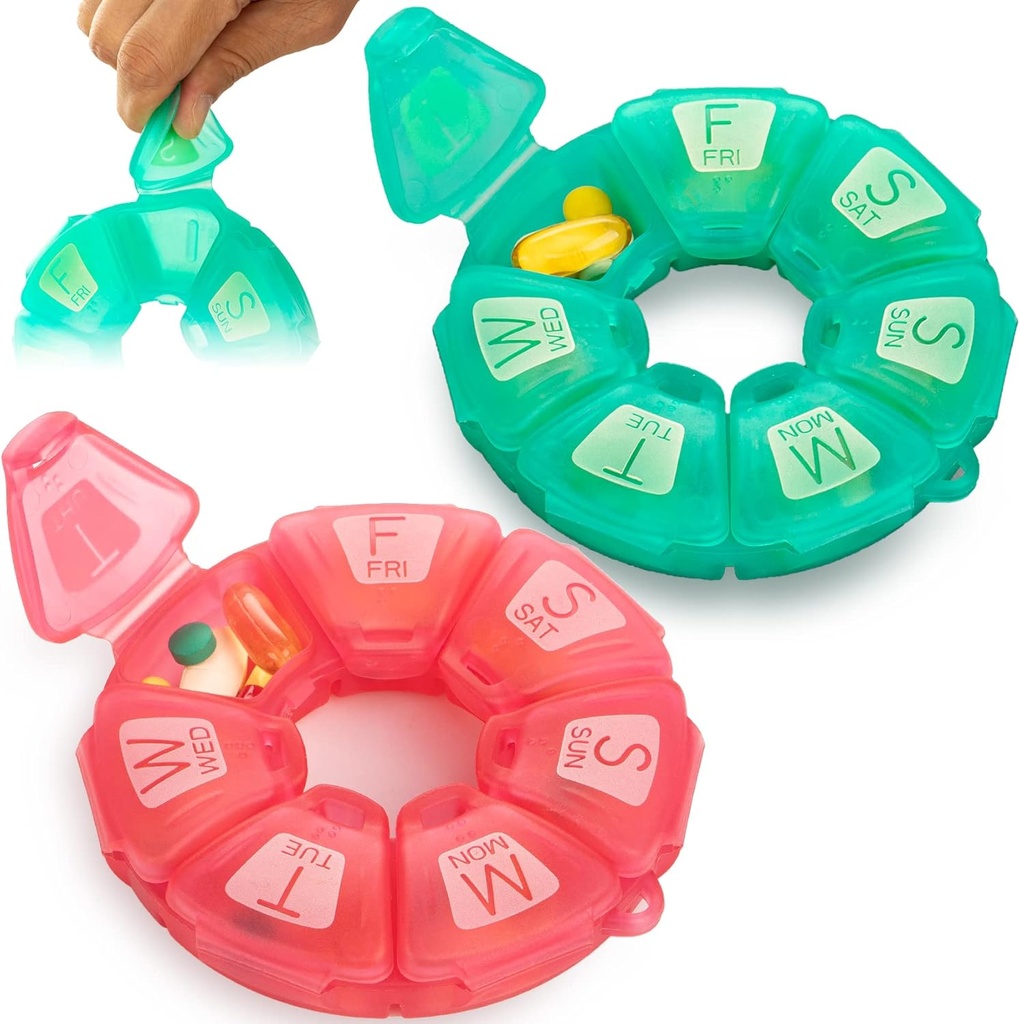 Round Weekly Pill Organizer, TPU caoutchouteux, Conteneur de Pill de Voyage 7 jours, avec 7 grands compartiments, coque de Pill mignon avec grandes lettres et braille (2 pcs Rose verte)