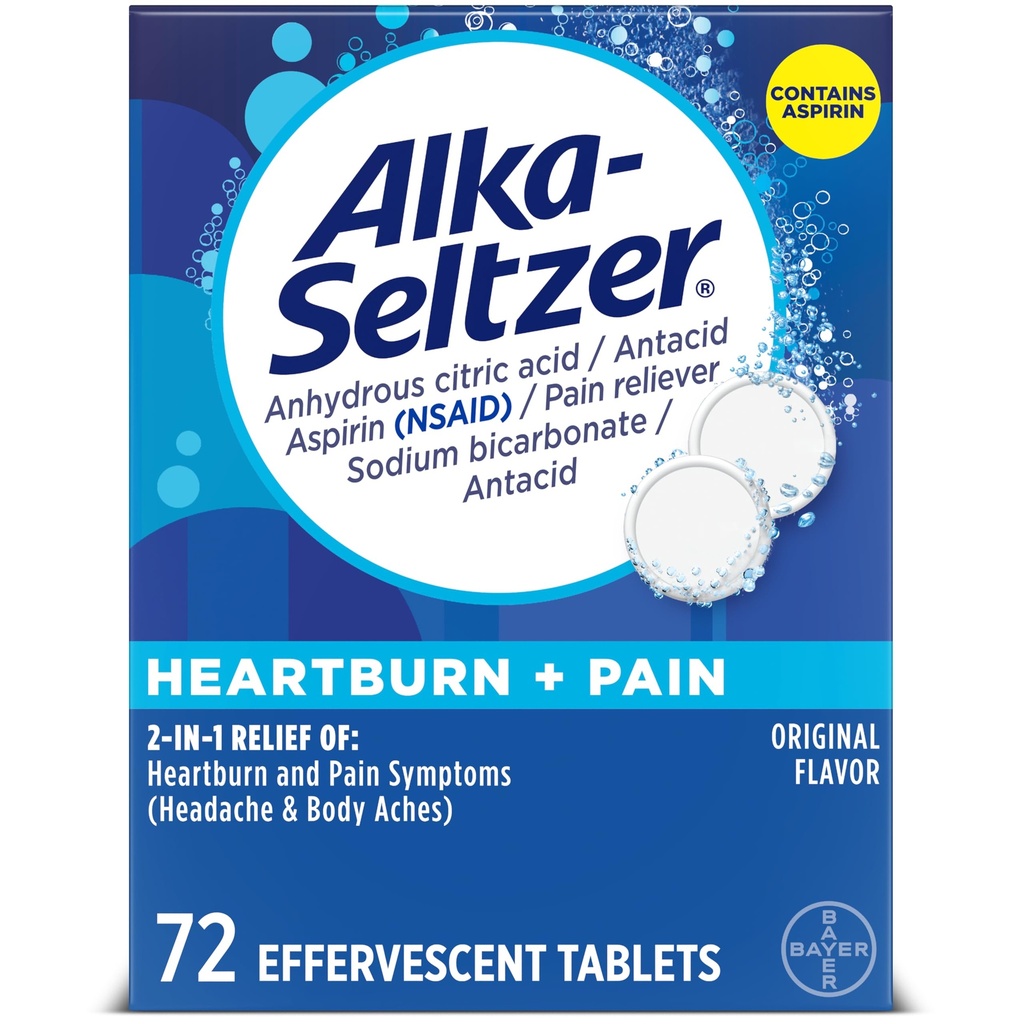 Alka-Seltzer Heartburn + Douleur Effervescent Aspirine + Comprimés antiacides, Soulagement rapide des brûlures d'estomac et de l'indigestion acide, Soulagement de la douleur avec Aspirine, 72 Ct