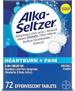 Alka-Seltzer Heartburn + Douleur Effervescent Aspirine + Comprimés antiacides, Soulagement rapide des brûlures d'estomac et de l'indigestion acide, Soulagement de la douleur avec Aspirine, 72 Ct