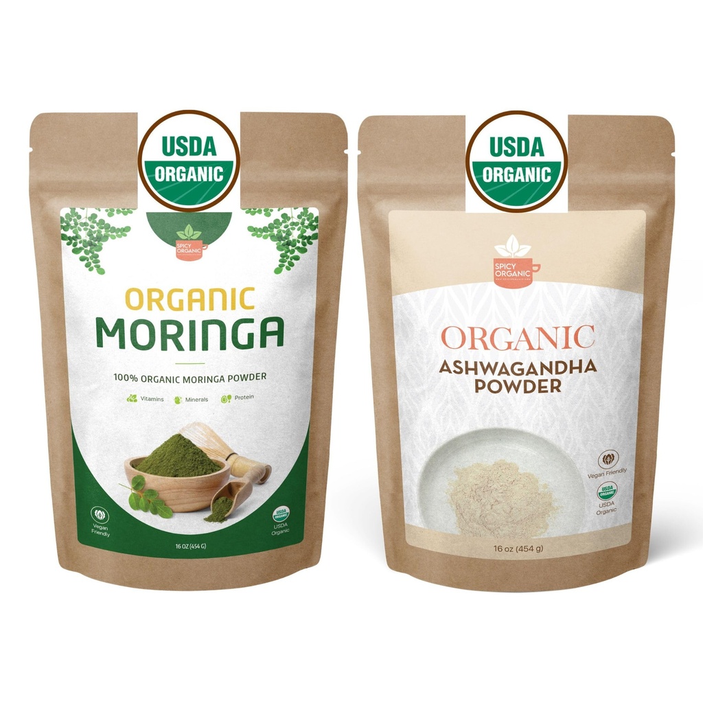 Organic Moringa & Ashwagandha Powder Bundle – 1 lb (454g) Each – USDA Organic Herbal Superfood Adaptogens for Energy, Stress Relief, Focus, Immune Support – Vegan, Non-GMO Supplement for Daily Use