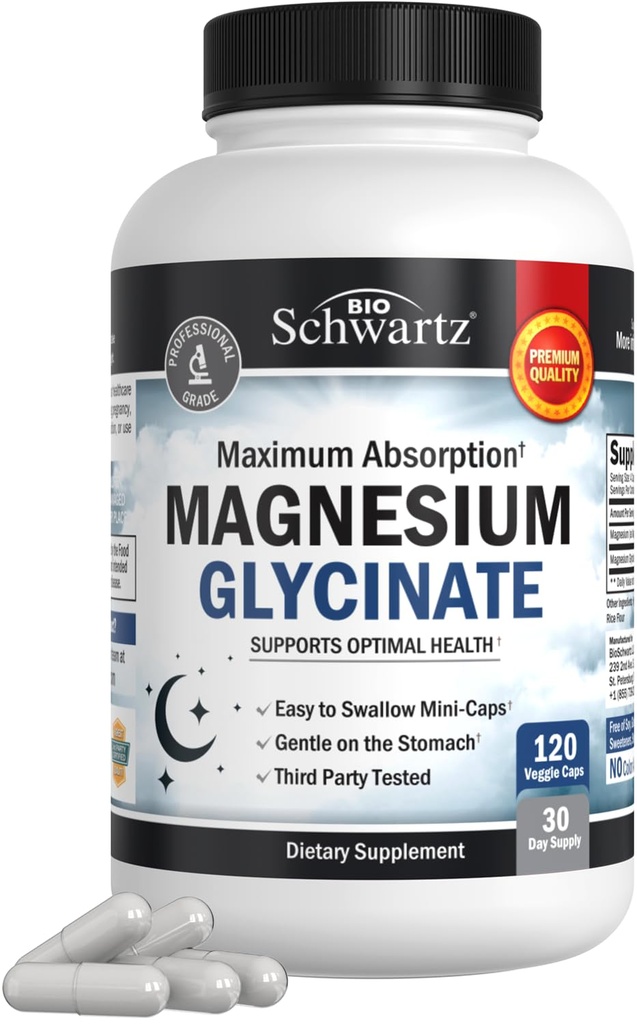 BioSchwartz Magnésium Glycinate 500mg Capsules (120 Mini Caps) Supplément de Magnésium d'absorption maximale pour l'humeur et le soutien du sommeil des muscles nerfs sains (Vegan, sans gluten, sans OGM)