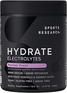 Sports Research® Hydrate Electrolytes Powder - Sugar-Free & Naturally Flavored with Vitamins, Minerals, and Coconut Water - Supports Hydration - Passion Fruit - 90 Servings