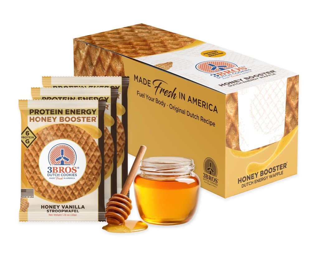 3Bros Protein Energy Stroopwafel Honey Booster, Honey Vanilla, 1.16 oz, 20 Count