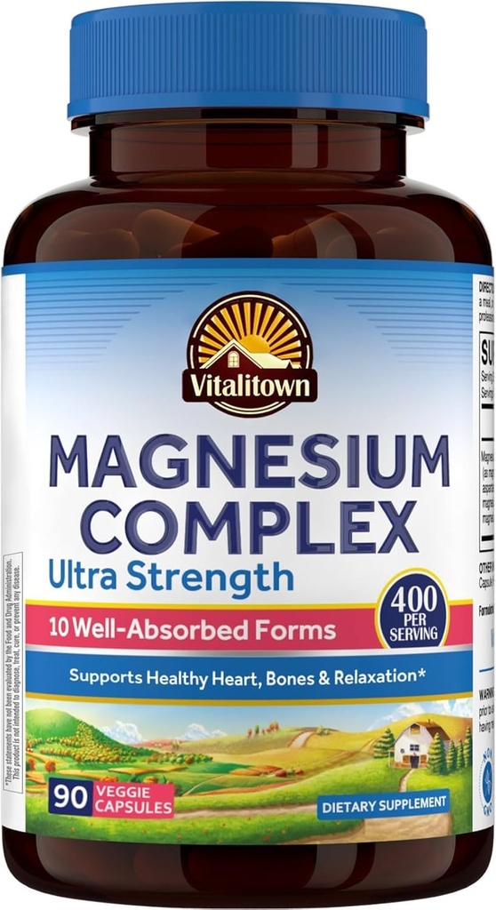 Vitalitown 10 en 1 Supplément complexe de magnésium - 400mg Magnésium élémentaire Chélaté avec Glycinat, Citrate, Malate, Taurate et plus - pour l'énergie cardiaque de sommeil - Non-OGM, Vegan, 90 capsules