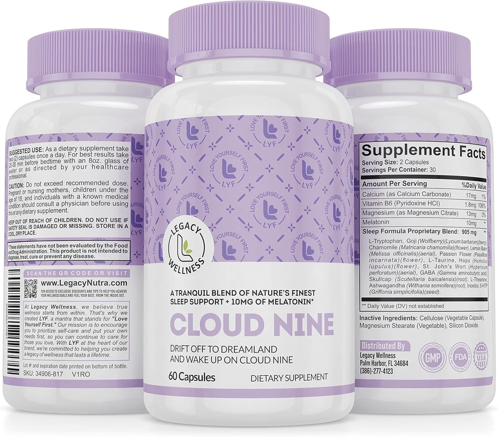 Cloud 9 - All Natural Sleep Aid Supplement - Relaxing Vitamin & Herbal Formula - 10mg Mélatonine Calcium Magnisium L-Theanine 5-HTP GABA St. John's Wort Ashwagandha Chamomile & More 60 Capsules Vegan