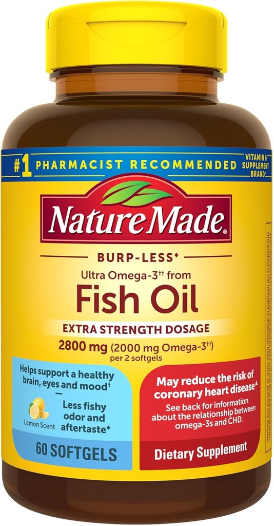 Nature Made Extra Strength Omega 3 suppléments huile de poisson, 2800mg, huile de poisson Omega 3 suppléments comme esters d'éthyle pour le coeur sain, cerveau, yeux, soutien de l'humeur, 60 Softgels, 30 jours d'approvisionnement