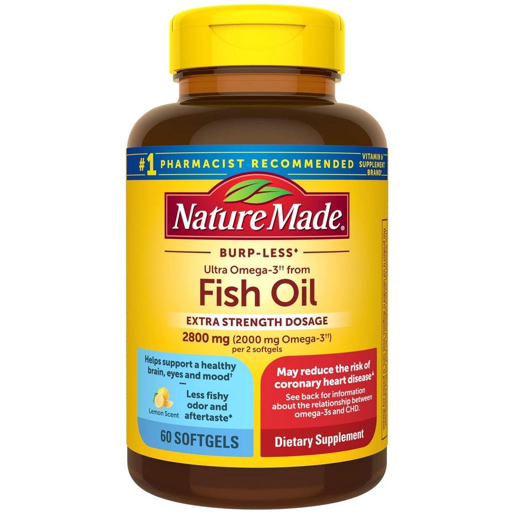 Nature Made Extra Strength Omega 3 suppléments huile de poisson, 2800mg, huile de poisson Omega 3 suppléments comme esters d'éthyle pour le coeur sain, cerveau, yeux, soutien de l'humeur, 60 Softgels, 30 jours d'approvisionnement