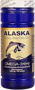 Alaska Huile de poisson de haute mer, Omega 3,6,9 1000 Mg 100 Softgels par BCN