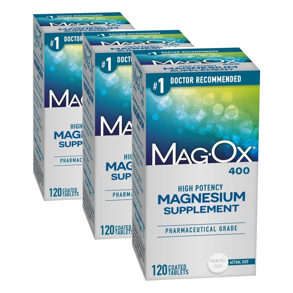 Mag-Ox Magnesium Supplement, Pharmaceutical Grade Magnesium Oxide 483mg, Most Concentrated Form, 120 Tablets (Pack of 3)
