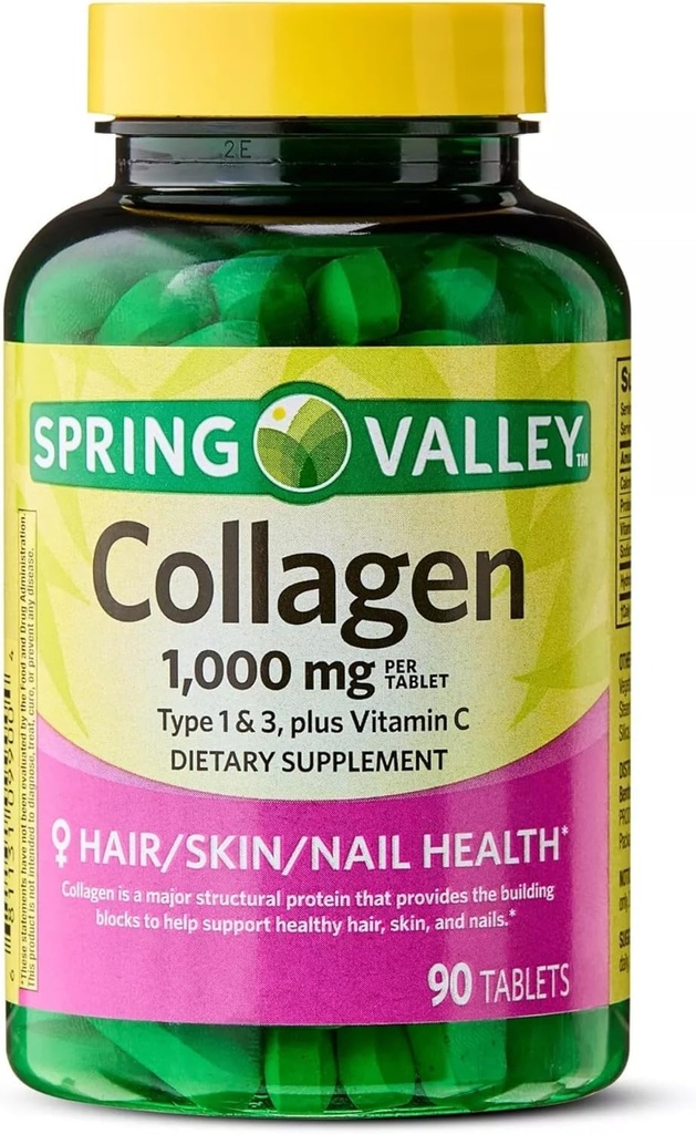 Collagen Type 1 & 3 Plus Vitamin C Hair Skin Nails Health Dietary Supplement Tablets, 1,000 mg, 90 Count by Spring Valley (Pack of 1) + VSL Sticker