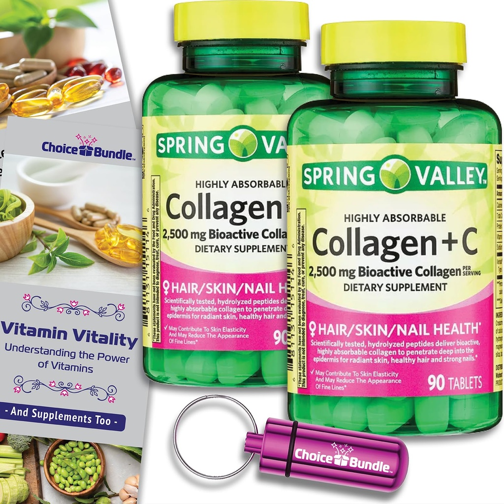 Spring Valley Highly Absorbable Collagen + Vitamin C Tablets Hair Skin Nail Health 2500 mg 90 Ct 2 pk (180 Total) + Vitamin Vitality & Pill Container (4 Items)!