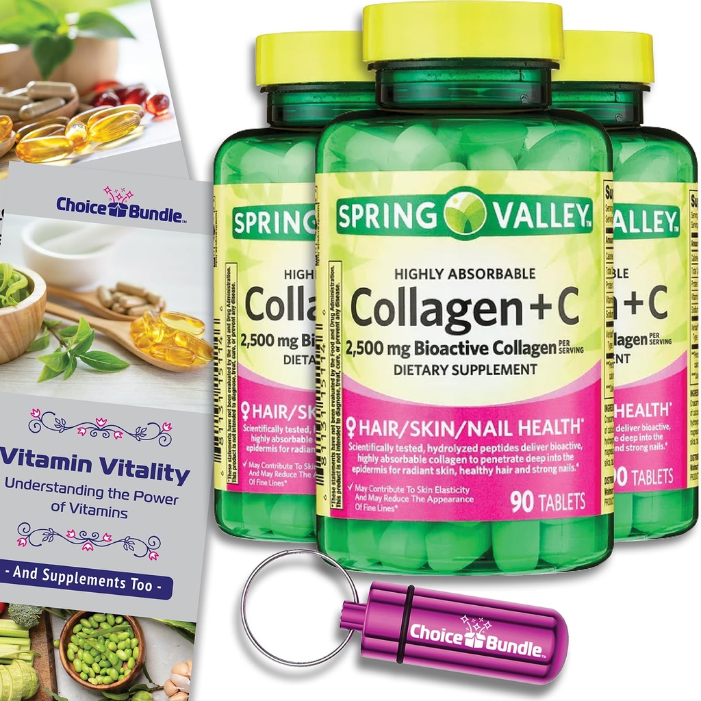 Spring Valley Highly Absorbable Collagen + Vitamin C Tablets Hair Skin Nail Health 2500 mg 90 Ct 3 pk (270 Total) + Vitamin Vitality & Pill Container (5 Items)!