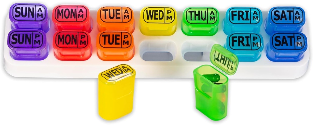 Organisateur hebdomadaire de pilules GMS - 7 jours AM/PM Pop Out Pill Pods pour suppléments, vitamines et médicaments - Idéal pour une utilisation quotidienne et des voyages - Rainbow