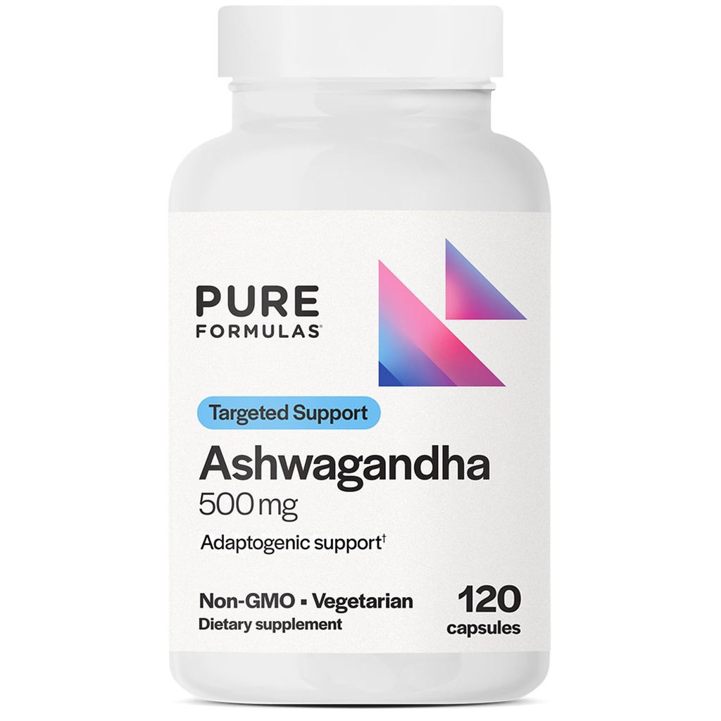 PureFormulas Ashwagandha 500mg, Adaptogenic Ashwagandha Supplements, Adaptogen for Stress Supplement, Relieves Stiffness Non-GMO 120 Capsules