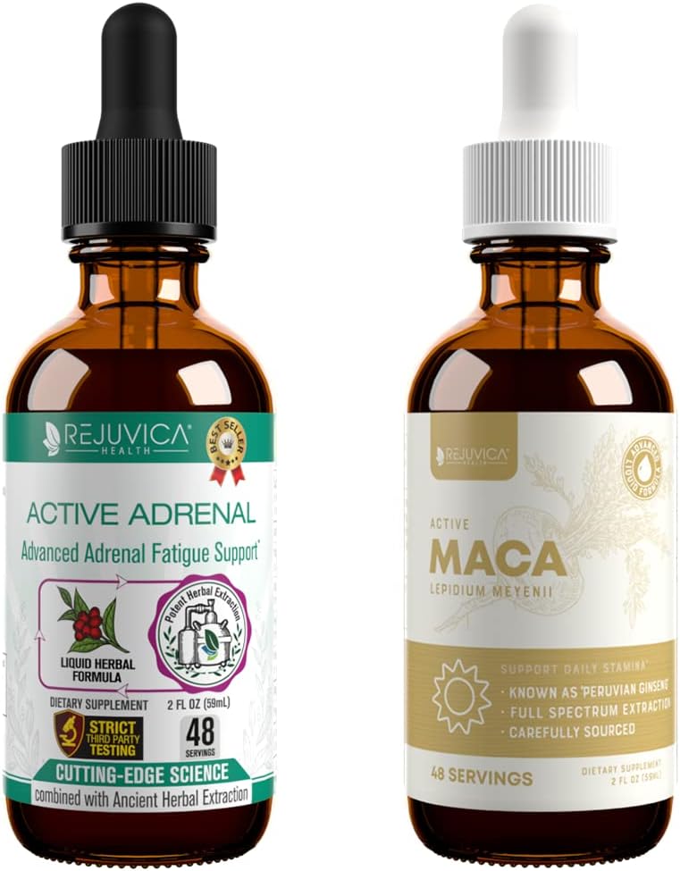 Rejuvica Santé Adrenal actif + Maca actif - Soutien Énergie + Stress - Livraison liquide pour une meilleure absorption - Rhodiola, Maca, Saint Basilic, Ashwagandha & More!