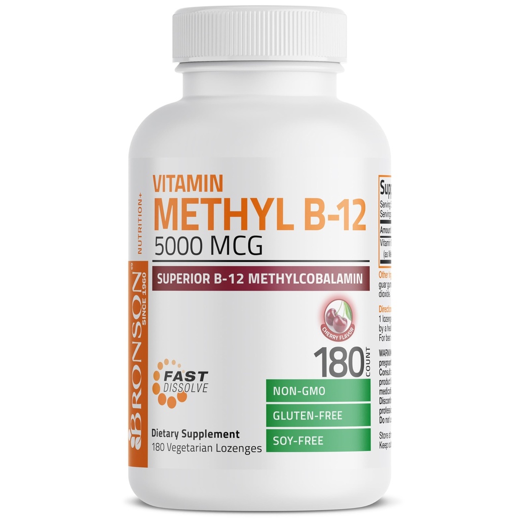 Bronson Méthyl B12 5000 mcg Vitamine B12 Méthylcobalamine Énergie et soutien du cerveau, 180 Lozenges