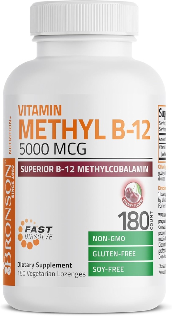Bronson Méthyl B12 5000 mcg Vitamine B12 Méthylcobalamine Énergie et soutien du cerveau, 180 Lozenges