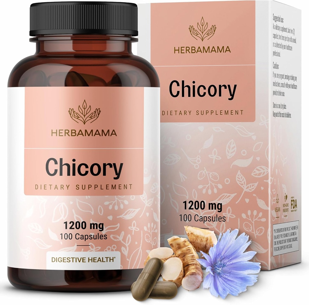 HERBAMAMA Chicory Root Fiber Capsules - 1200mg Chicory Root Powder for Gut Cleanse & Digestive Support - Vegan, Non-GMO Inulin Prebiotic Fiber Supplement
