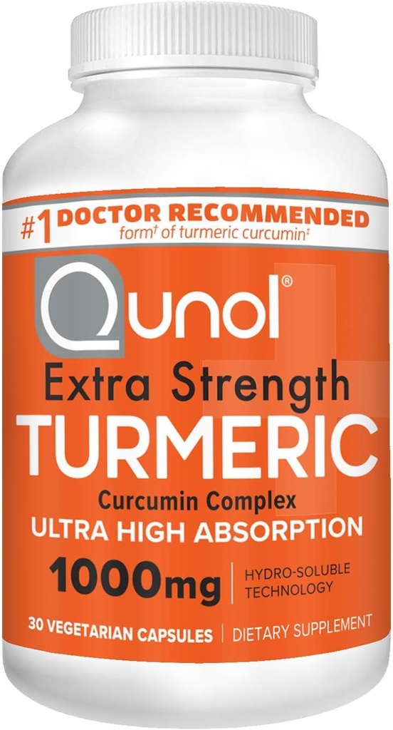 Qunol Turmeric Curcumin Capsules, 1000mg Extra Strength Supplement, Patented Hydro-Soluble Technology, Alternative to Turmeric Curcumin with Black Pepper, 30 Veggie Capsules