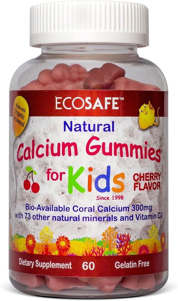 ECO SAFE Coral Calcium Vitamine D3 Kids Gummy, saveur de cerise naturelle, non OGM, sans gluten, sans lait, sans soja et sans gélatine - 300 mg de calcium et 800 UI de vitamine D3-60 Gummées (2 paquets)