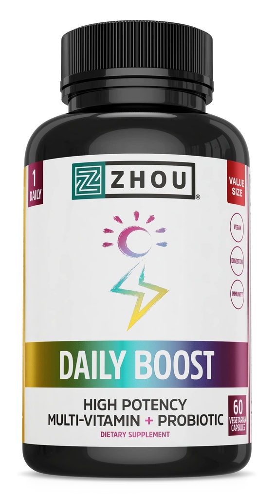 Zhou Nutrition Daily Boost Multivitamin with Probiotic, Zinc, Vitamin C, D3, B Complex for Immune Support, Energy and Digestive Health | Vegan, Gluten Free, Soy Free | 60 Servings | Probiotic Multivitamin for Women & Men, Antioxidant & Eye Health Supplement with Vitamin A, Biotin & Folate for Adults