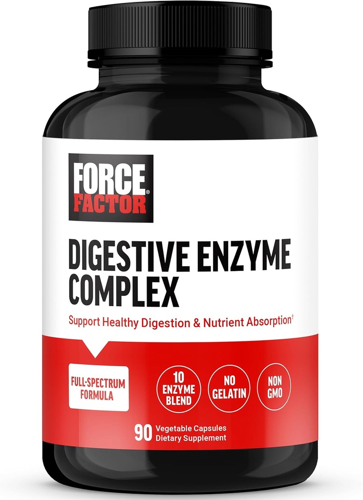 FACTEUR DE FORCE Complexe d'enzymes digestives à l'appui de la santé digestive, de la santé gustative et du soulagement du bloom pour les femmes et les hommes, Enzymes digestives à plein spectre 10, non OGM, 90 capsules