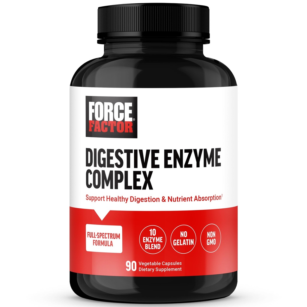 FACTEUR DE FORCE Complexe d'enzymes digestives à l'appui de la santé digestive, de la santé gustative et du soulagement du bloom pour les femmes et les hommes, Enzymes digestives à plein spectre 10, non OGM, 90 capsules