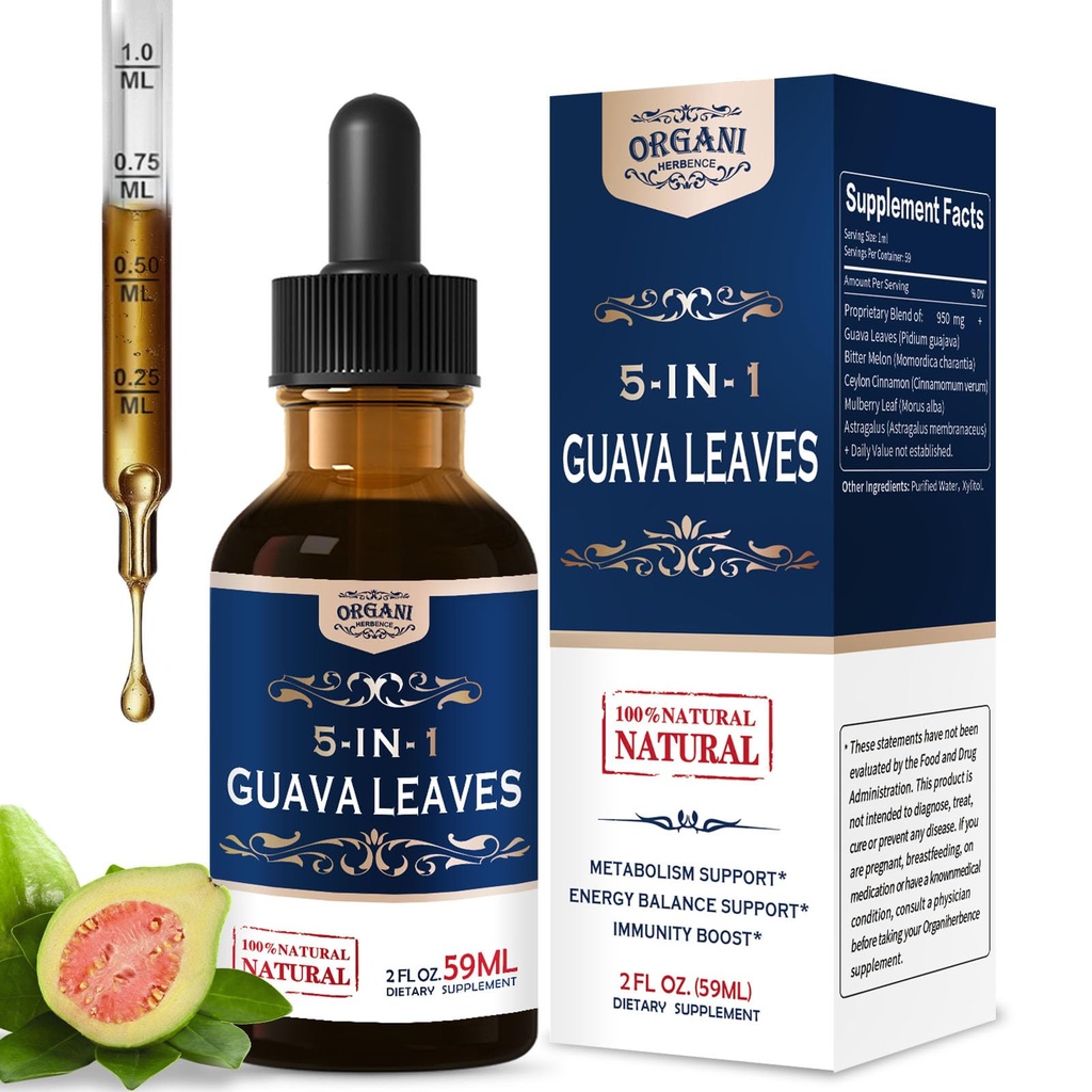 Guava Leaf Extract Drops, 5-in-1 Guava Leaves Blend for Healthy Metabolism Support, Energy Balance & Immunity. High Absorption Herbal Supplement w/Bitter Melon Ceylon Cinnamon.2oz