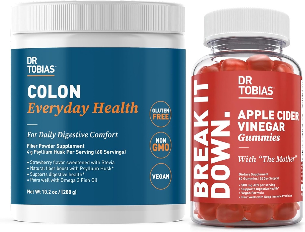 Dr Tobias Apple Cider Vinegar Gummies & Colon Everyday Health - Soutien quotidien digestif, détox et nettoyant avec les gommes au vinaigre de cidre et poudre de musc de psyllium