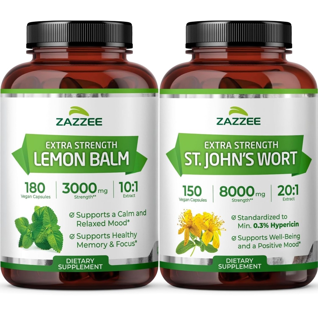 Zazzee Herbal Mood Support Bundle | 20x Potency St. John's Wort Extract & 10:1 Organic Lemon Balm Extract | Non-GMO Vegan & ISO Lab Tested