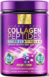 Poudre de peptides de collagène 20G avec acide hyaluronique et biotine, poudre hydrolysée de type I et III non aromatisée à l'herbe - Supporte cheveux, ongles, peau, os et articulations - Meilleurs suppléments de collagène - 28 portions