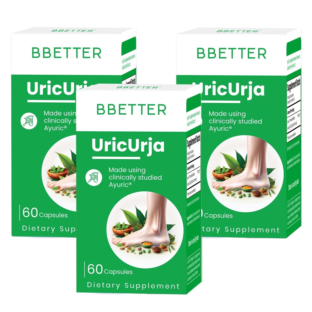 BBETTER UricUrja – Uric Acid & Gout Support Supplement - Supports Healthy Uric Acid Levels & Joint Comfort - with Clinically Studied Ayuric® Herbal Formula - Lab Tested - 180 Capsules